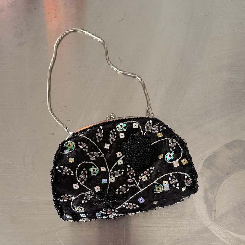 Lord & Taylor Black Beaded Wristlet with Floral Design